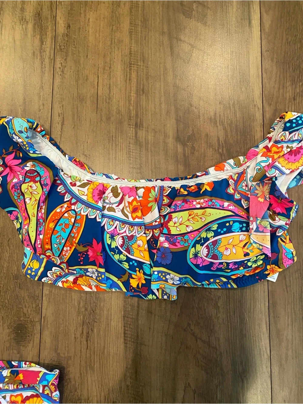 Trina Turk • Blue Paisley Off Shoulder Ruffle Top Bikini Set • Size 6/8